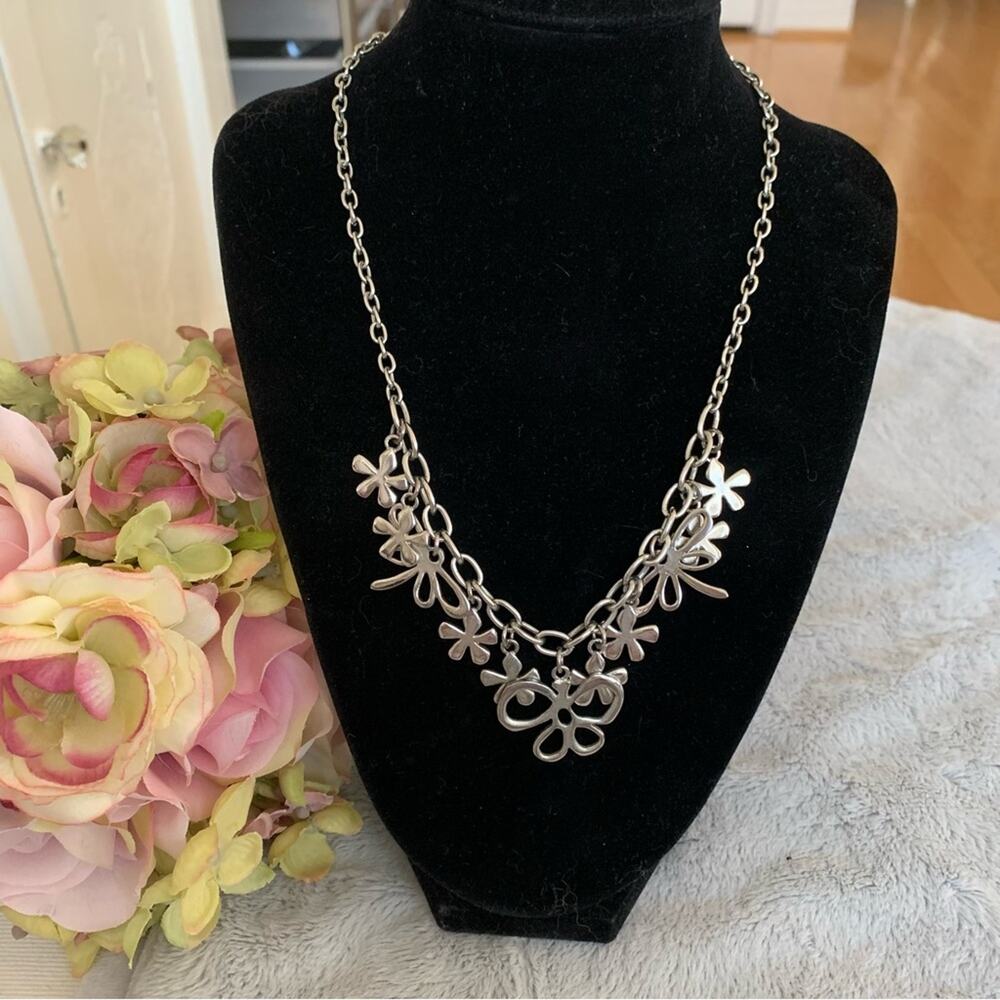 Cookie Lee Silver Tone Butterfly and Flowers Statement Necklace Deadstock